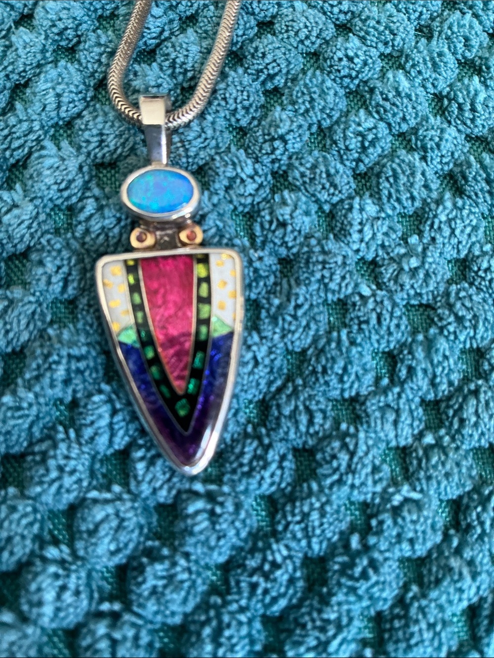 Grovewood Gallery Sterling Multicolor Inlay Pendant Necklace - Blue, Pink & Gree